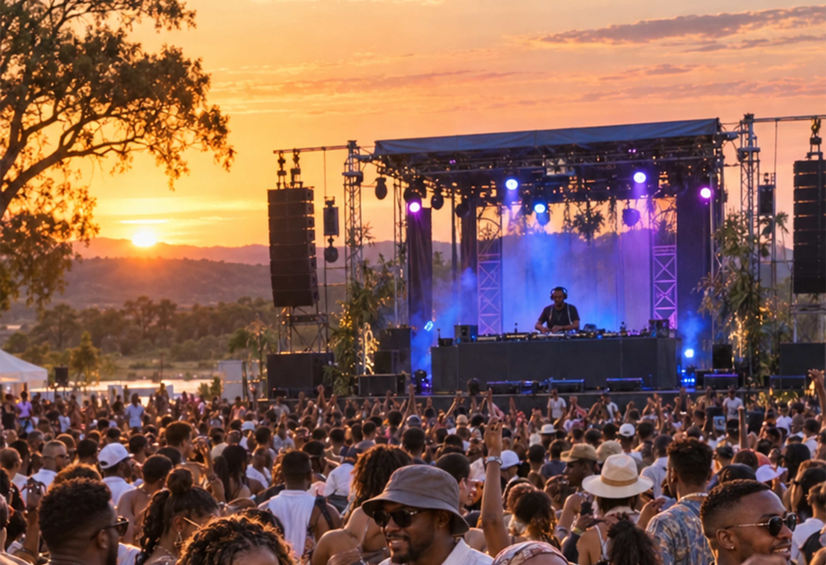 Outdoor music crowd and DJ stage at sunset